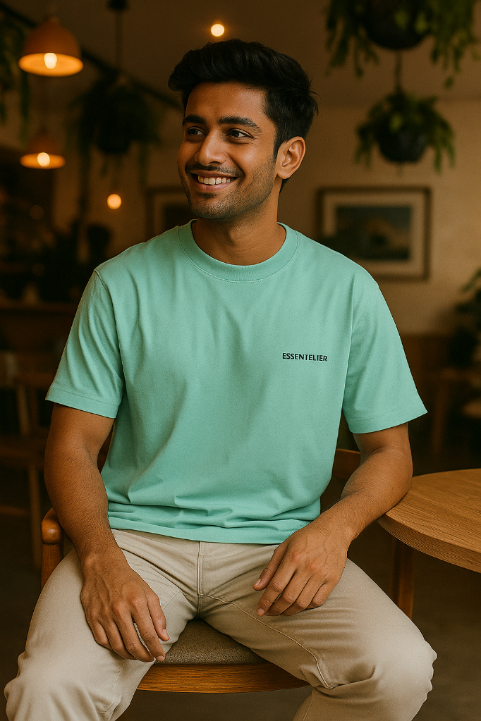 Man wearing a light blue t-shirt with 'Essentialist' text, sitting indoors.