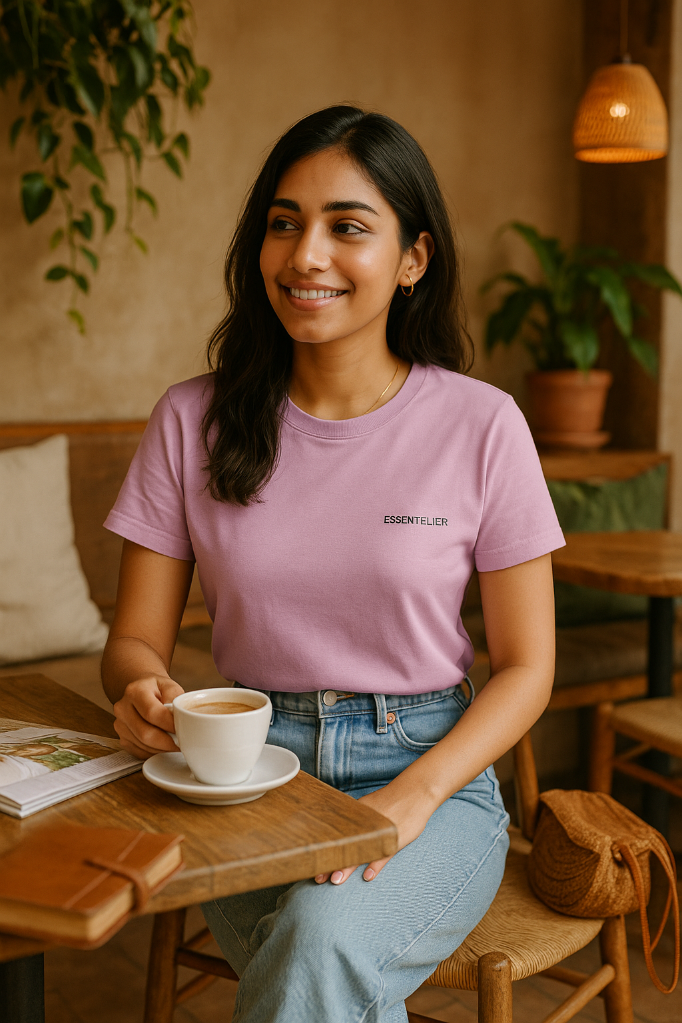 Woman sitting at a cafe table with a cup of coffee, wearing a pink t-shirt with branding.