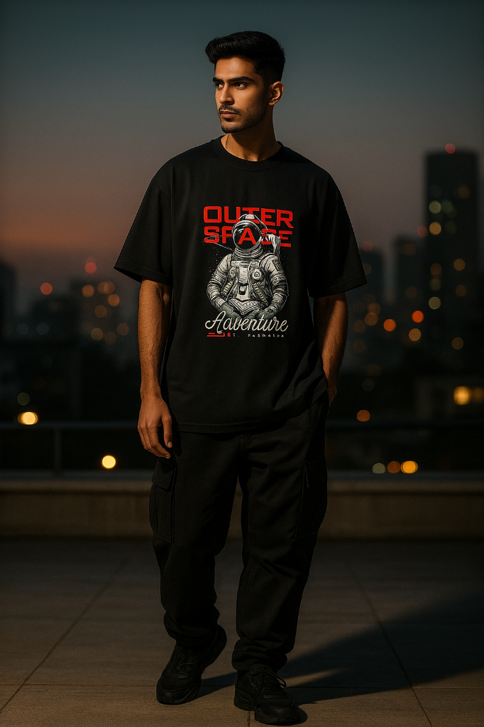 Person wearing a black t-shirt with 'Outer Space Adventure' design against a cityscape background.
