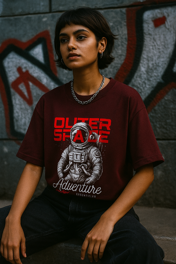 Person wearing a t-shirt with an astronaut graphic and text, sitting against a graffiti-covered wall.