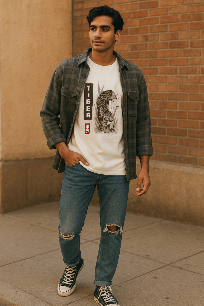 Man wearing a graphic t-shirt with a tiger design, plaid shirt, and jeans standing against a brick wall.