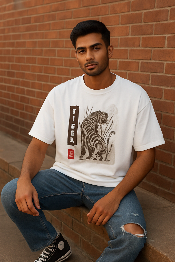 Man wearing a white t-shirt with a tiger design sitting against a brick wall.