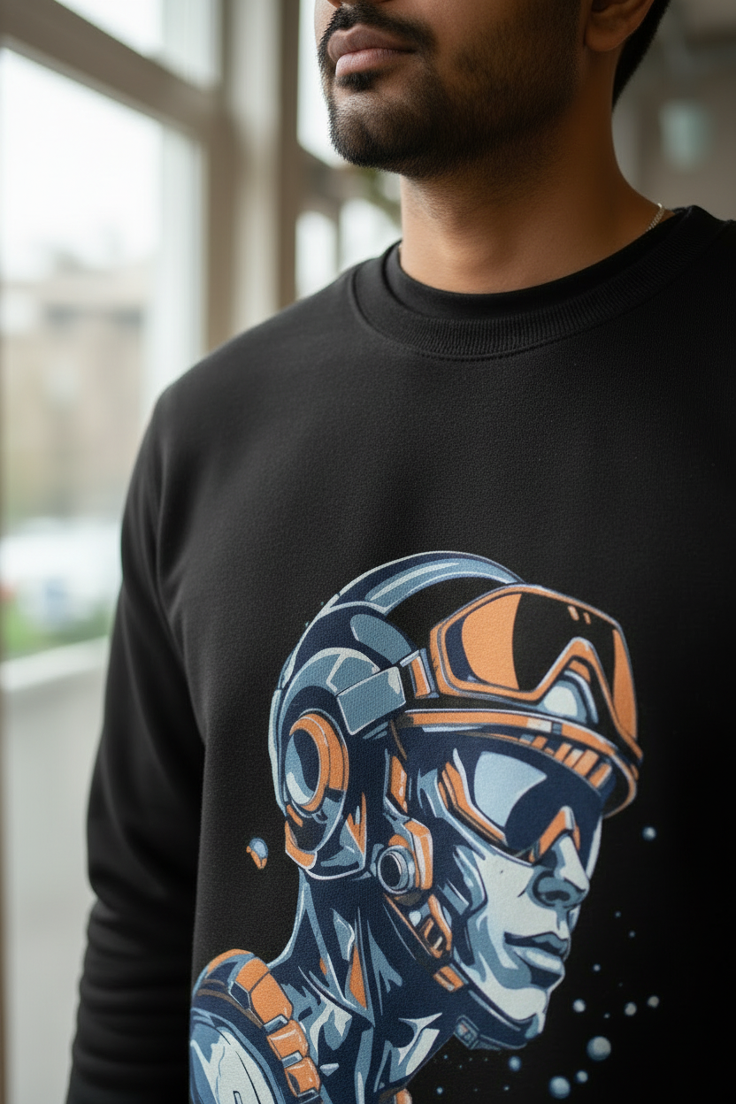 Left angle close-up of space cowboy sweatshirt