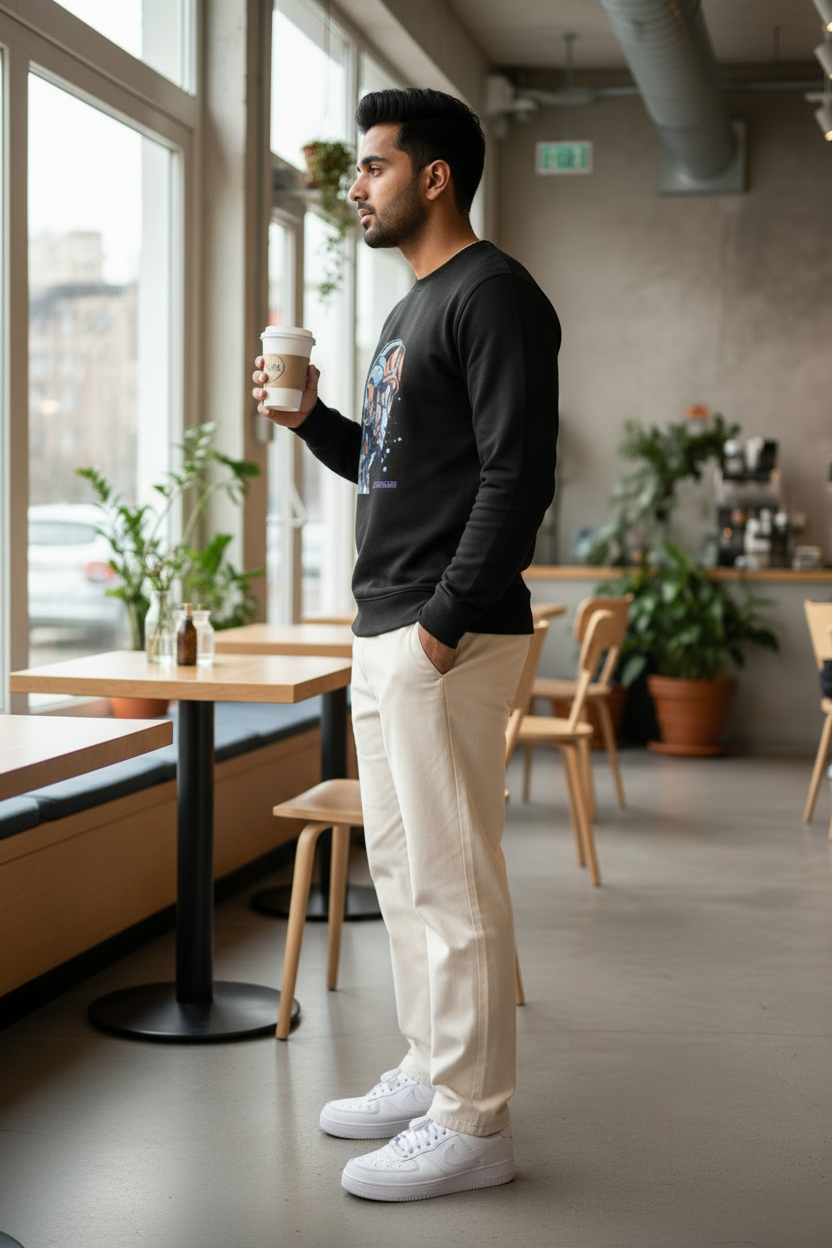 Side view of model wearing space cowboy sweatshirt