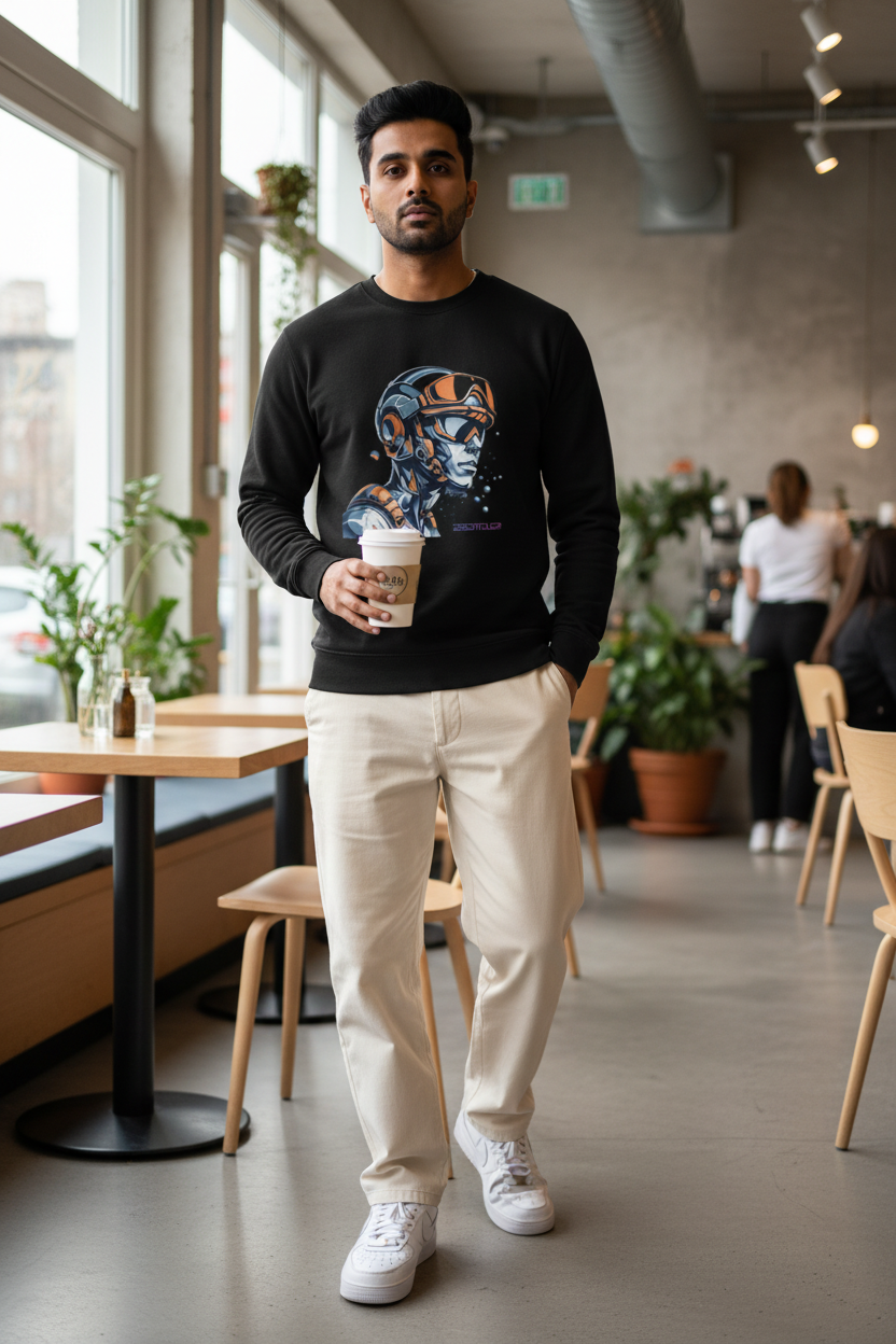 Space Cowboy Sweatshirt Cafe Lifestyle Mockup
