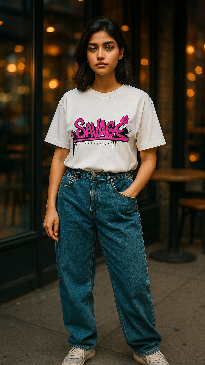 White Savage Tee Urban Cafe Mockup - Medium Hair